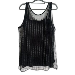 Lane Bryant Black Beaded Mesh Overlay Tank Top Rhinestone Neck Size 22